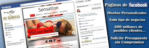 PC-SERVEIS crea pginas de Facebook para todo tipo de negocios porque sabemos el enorme poder de atraccin que esta red social tiene, ms de 600 millones de posibles clientes.

Los beneficios de estar presente en Facebook se incrementan con cada nuevo usuario que se registra y los inconvenientes son prcticamente nulos pues apenas tiene ningn coste. Adems, al tener una pgina corporativa en Facebook, la comunicacin con los clientes ser ms cercana y humana, permitindonos conocer el perfil exacto de los clientes y ayudndonos a dirigir futuras campaas publicitarias.